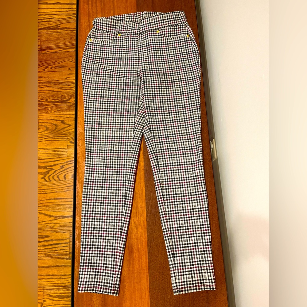 Maroon, black and white check stretch pants